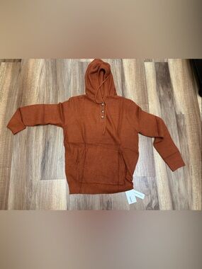 Amazon Women's Rust Waffle-Knit Hooded Sweater with Button Placket